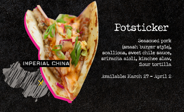 Potsticker Seasoned pork (smash burger style), scallions, sweet chile sauce, sriracha aioli, kimchee slaw, flour tortilla.